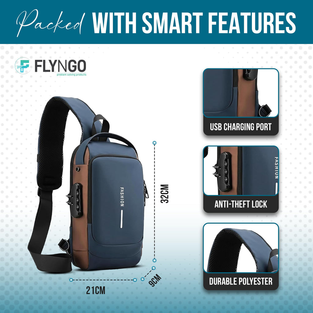 FLYNGO Sling Bag for Men Stylish Crossbody Backpack for Men & Women, Anti-Theft Chest Bag with USB Charging Port, Messenger Bags, Casual Shoulder Bag