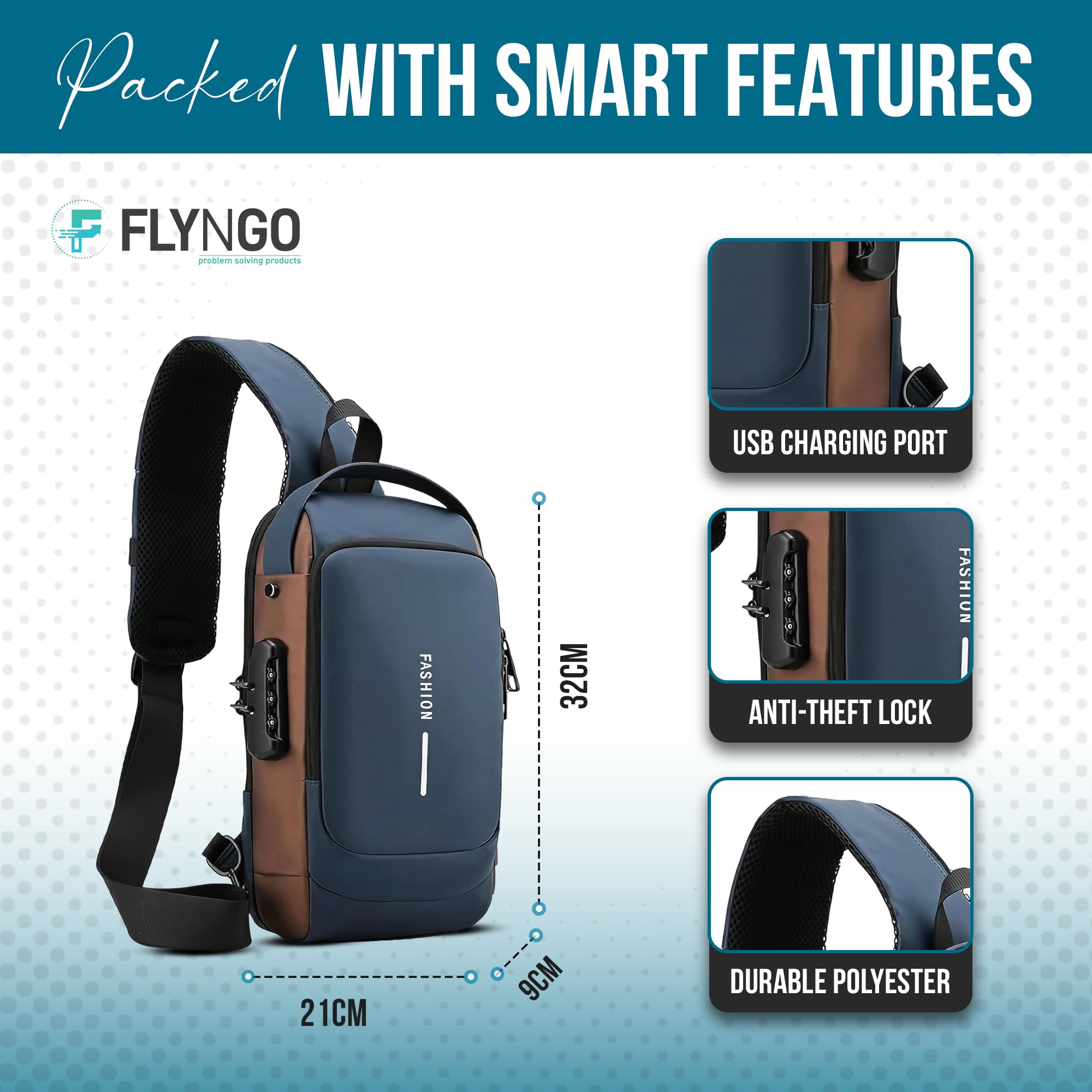 FLYNGO Sling Bag for Men Stylish Crossbody Backpack for Men & Women, Anti-Theft Chest Bag with USB Charging Port, Messenger Bags, Casual Shoulder Bag