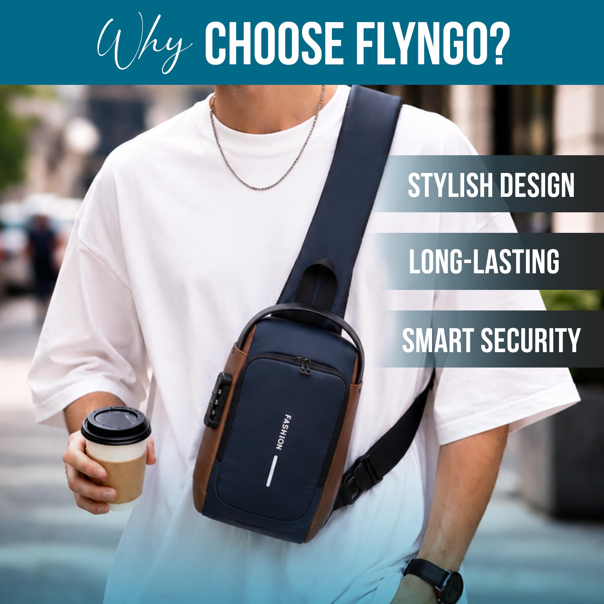 FLYNGO Sling Bag for Men Stylish Crossbody Backpack for Men & Women, Anti-Theft Chest Bag with USB Charging Port, Messenger Bags, Casual Shoulder Bag