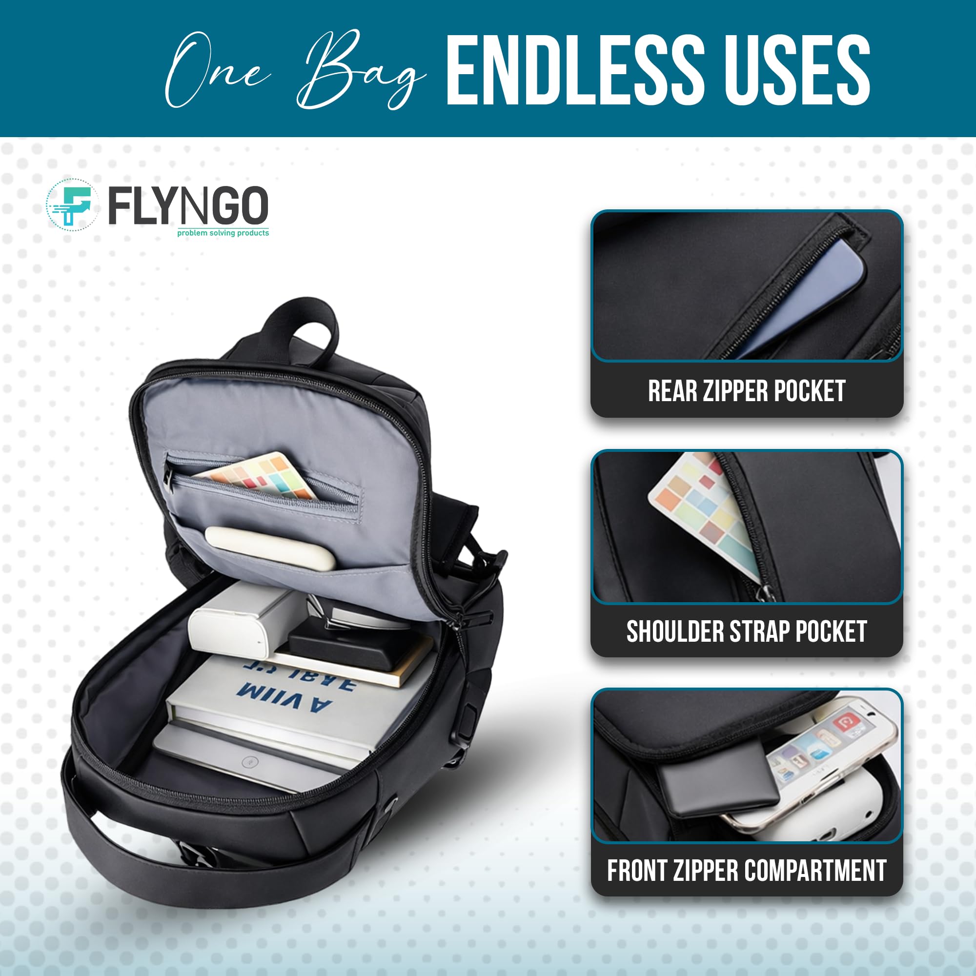 FLYNGO Sling Bag for Men Stylish Crossbody Backpack for Men & Women, Anti-Theft Chest Bag with USB Charging Port, Messenger Bags, Casual Shoulder Bag
