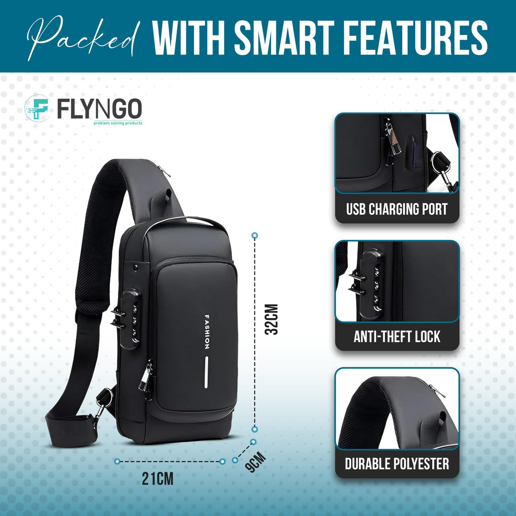 FLYNGO Sling Bag for Men Stylish Crossbody Backpack for Men & Women, Anti-Theft Chest Bag with USB Charging Port, Messenger Bags, Casual Shoulder Bag