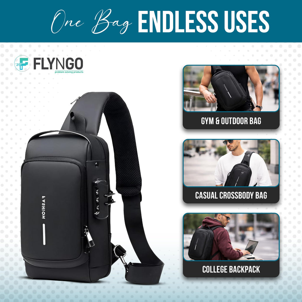 FLYNGO Sling Bag for Men Stylish Crossbody Backpack for Men & Women, Anti-Theft Chest Bag with USB Charging Port, Messenger Bags, Casual Shoulder Bag