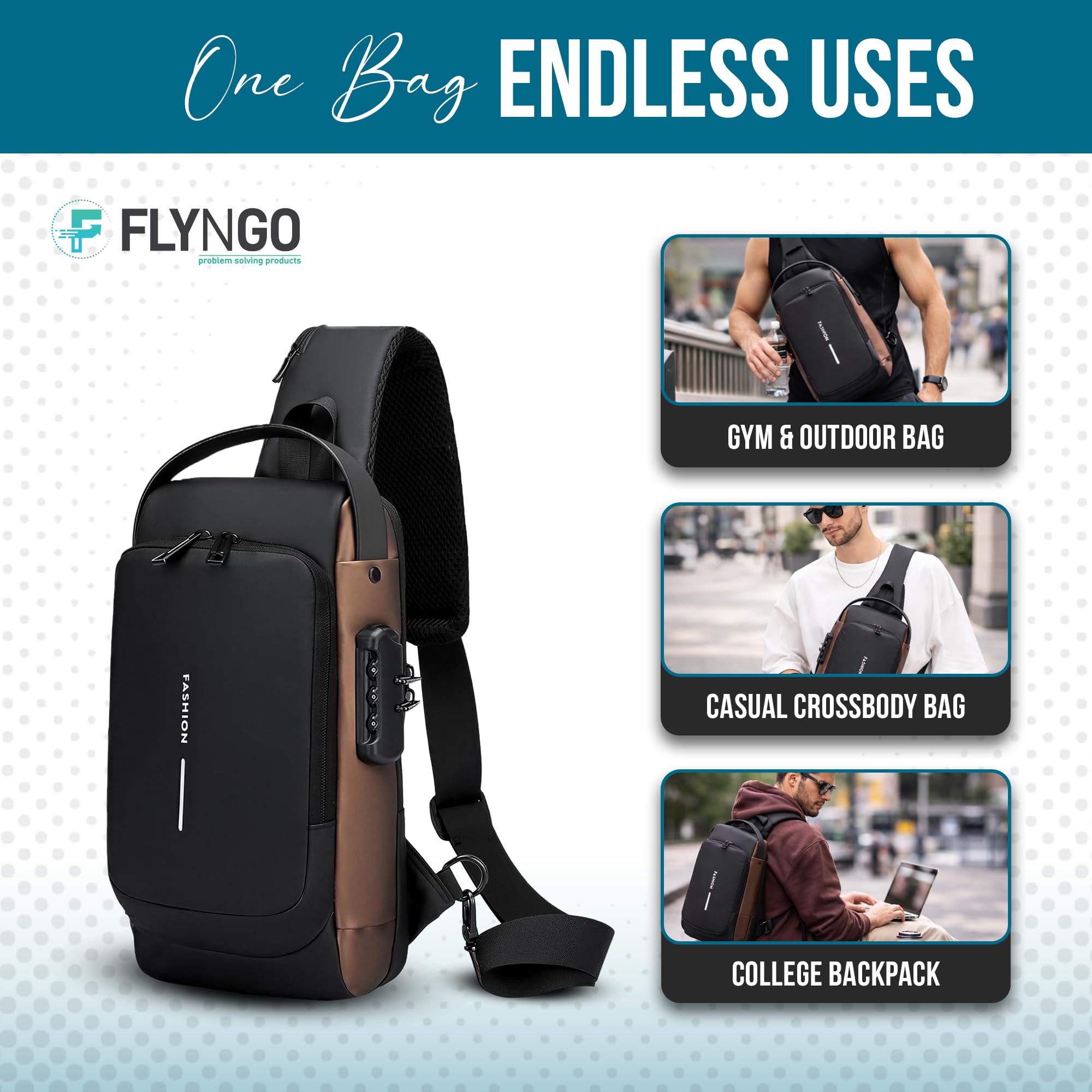 FLYNGO Sling Bag for Men Stylish Crossbody Backpack for Men & Women, Anti-Theft Chest Bag with USB Charging Port, Messenger Bags, Casual Shoulder Bag