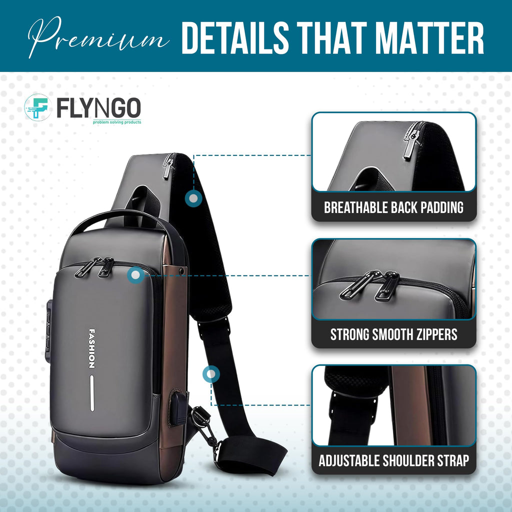 FLYNGO Sling Bag for Men Stylish Crossbody Backpack for Men & Women, Anti-Theft Chest Bag with USB Charging Port, Messenger Bags, Casual Shoulder Bag