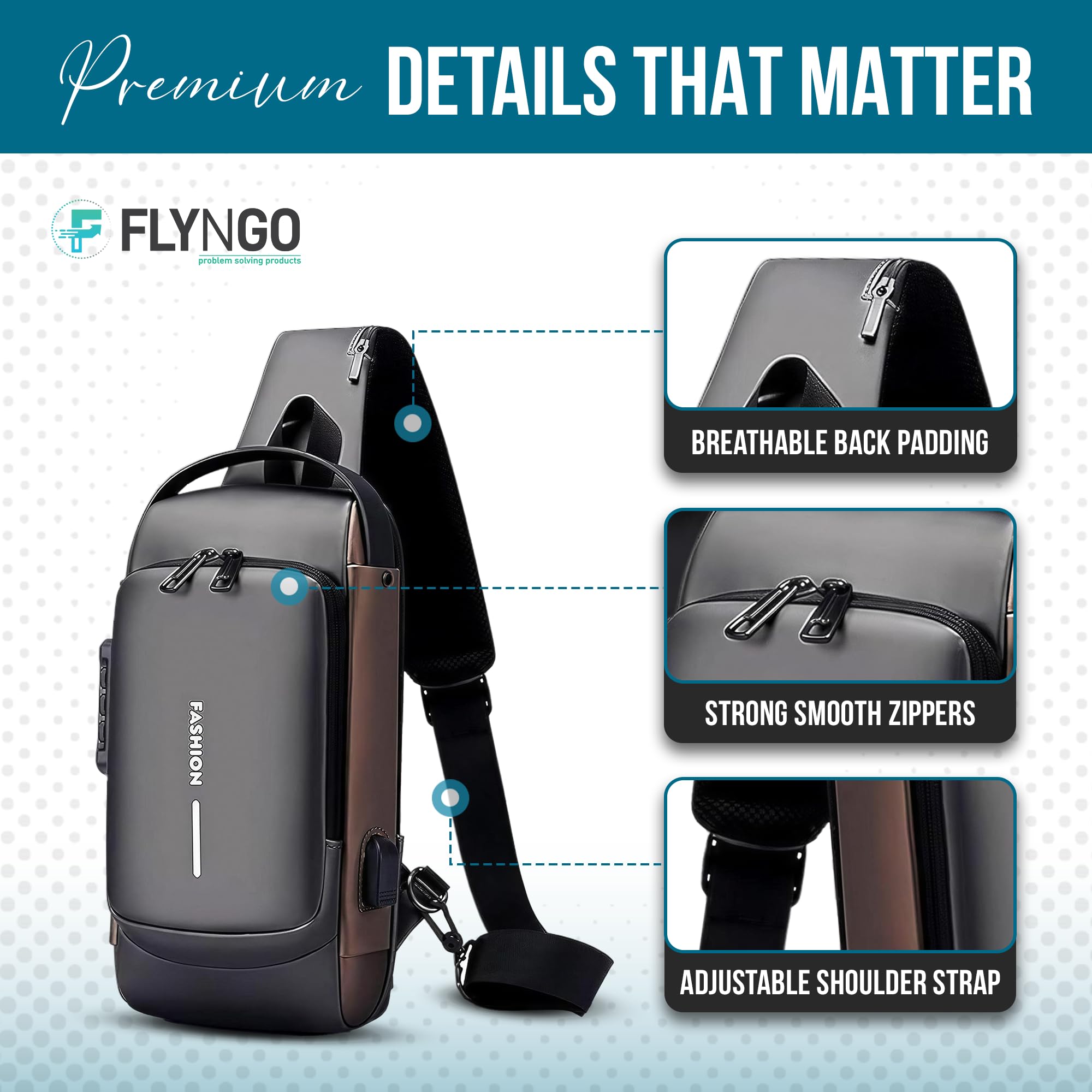 FLYNGO Sling Bag for Men Stylish Crossbody Backpack for Men & Women, Anti-Theft Chest Bag with USB Charging Port, Messenger Bags, Casual Shoulder Bag
