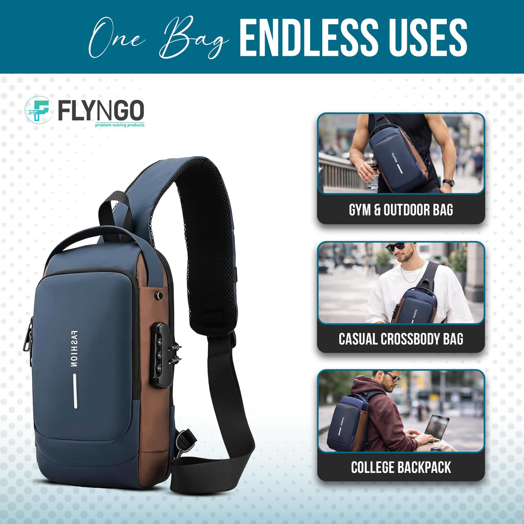 FLYNGO Sling Bag for Men Stylish Crossbody Backpack for Men & Women, Anti-Theft Chest Bag with USB Charging Port, Messenger Bags, Casual Shoulder Bag
