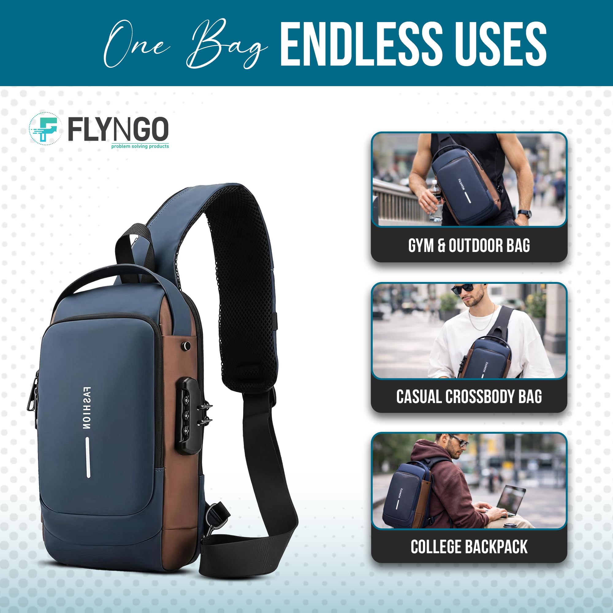 FLYNGO Sling Bag for Men Stylish Crossbody Backpack for Men & Women, Anti-Theft Chest Bag with USB Charging Port, Messenger Bags, Casual Shoulder Bag