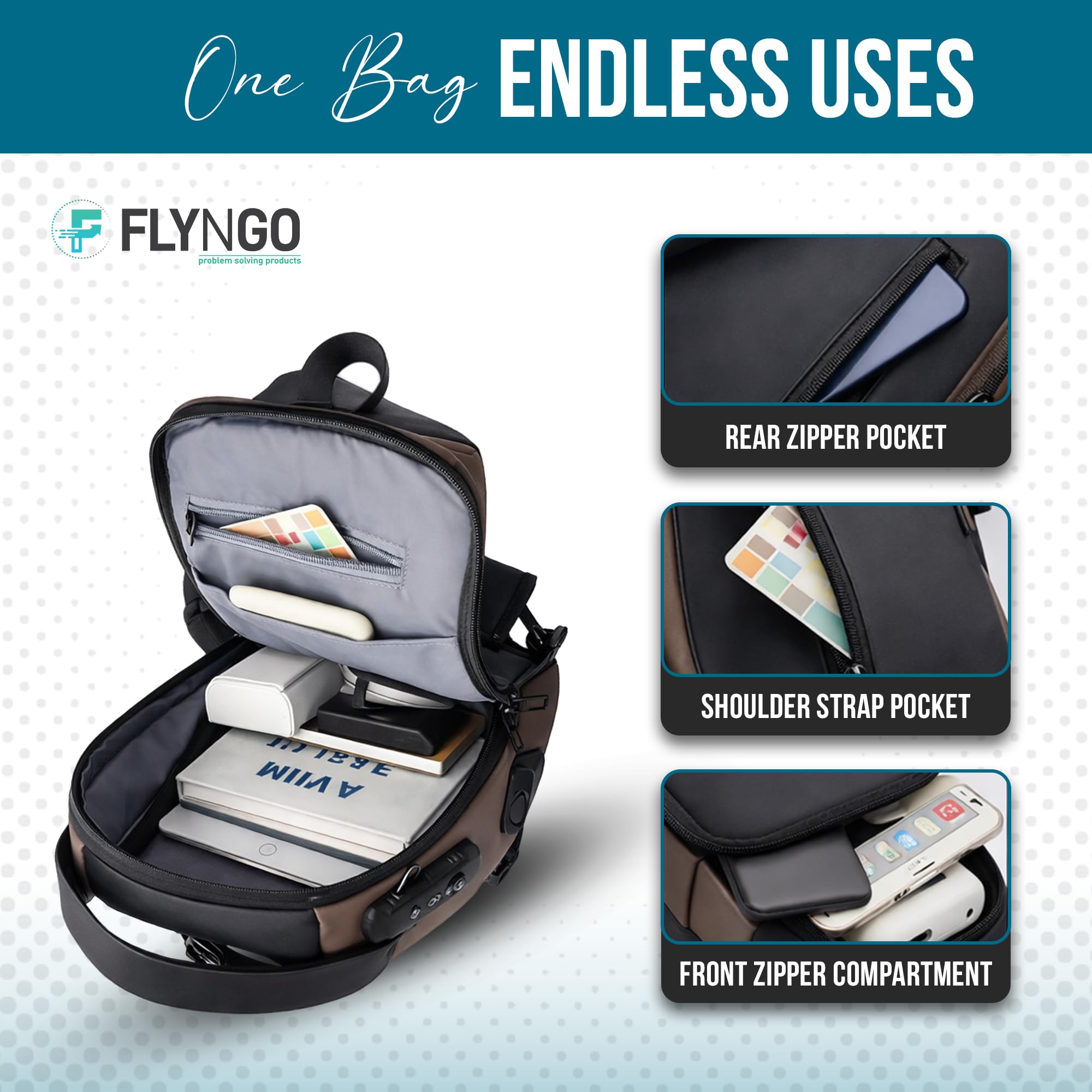 FLYNGO Sling Bag for Men Stylish Crossbody Backpack for Men & Women, Anti-Theft Chest Bag with USB Charging Port, Messenger Bags, Casual Shoulder Bag