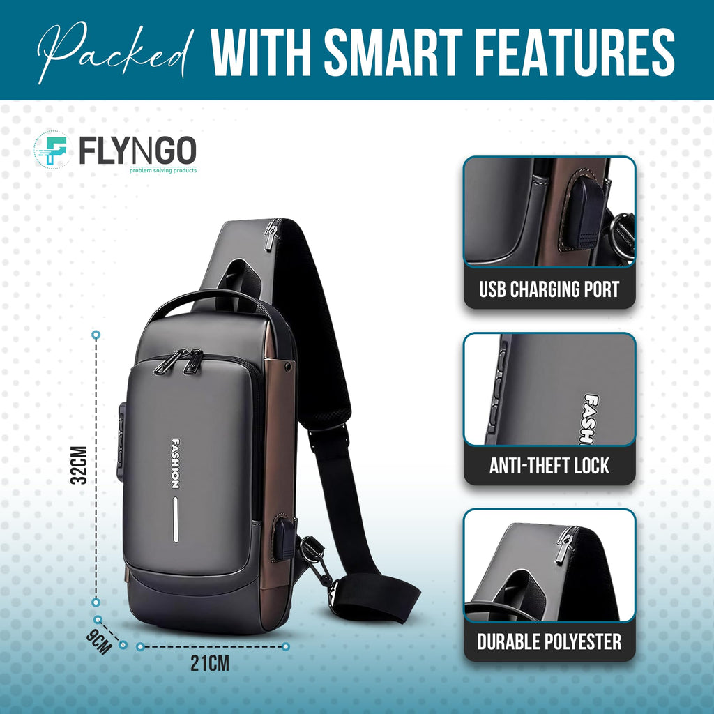FLYNGO Sling Bag for Men Stylish Crossbody Backpack for Men & Women, Anti-Theft Chest Bag with USB Charging Port, Messenger Bags, Casual Shoulder Bag
