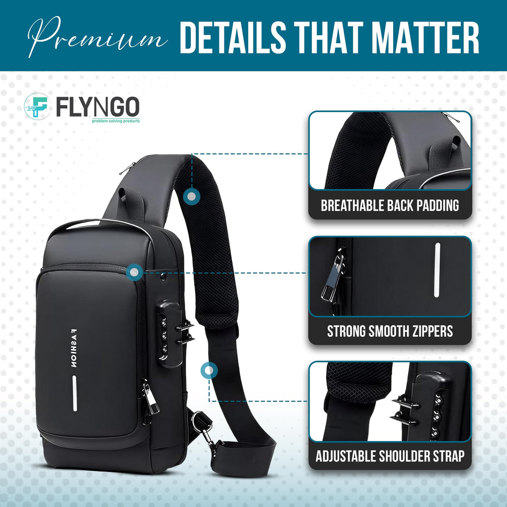 FLYNGO Sling Bag for Men Stylish Crossbody Backpack for Men & Women, Anti-Theft Chest Bag with USB Charging Port, Messenger Bags, Casual Shoulder Bag