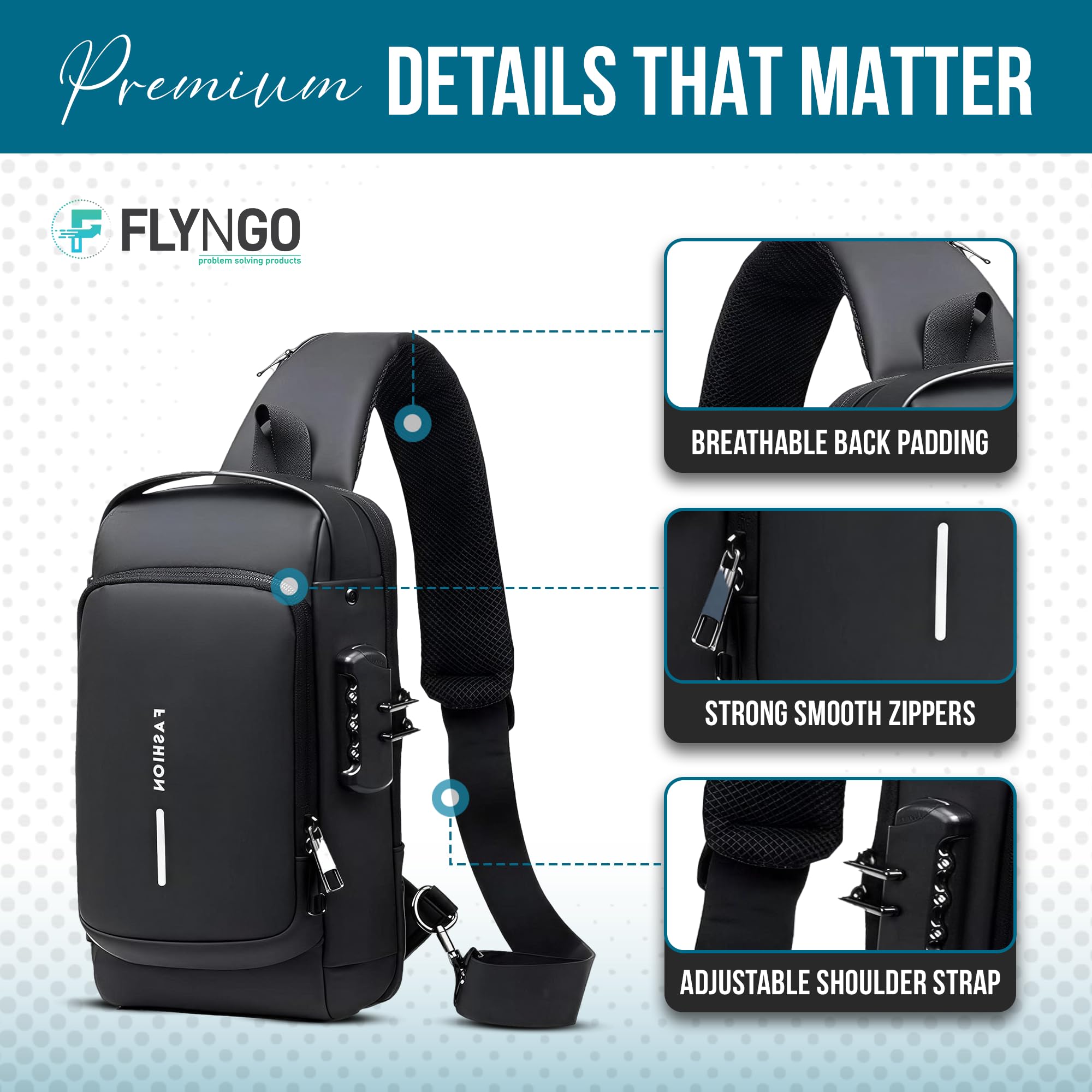 FLYNGO Sling Bag for Men Stylish Crossbody Backpack for Men & Women, Anti-Theft Chest Bag with USB Charging Port, Messenger Bags, Casual Shoulder Bag