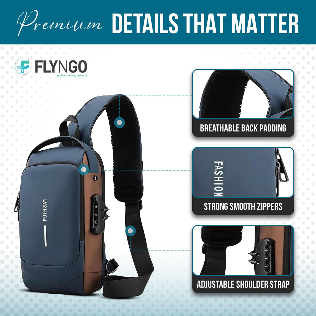 FLYNGO Sling Bag for Men Stylish Crossbody Backpack for Men & Women, Anti-Theft Chest Bag with USB Charging Port, Messenger Bags, Casual Shoulder Bag