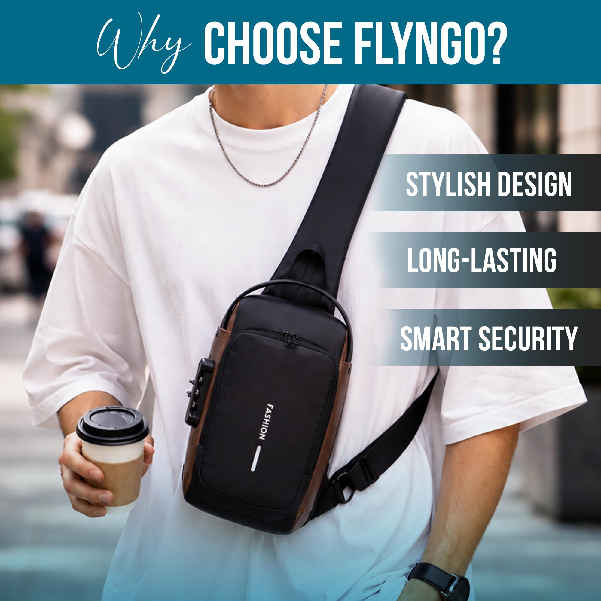 FLYNGO Sling Bag for Men Stylish Crossbody Backpack for Men & Women, Anti-Theft Chest Bag with USB Charging Port, Messenger Bags, Casual Shoulder Bag