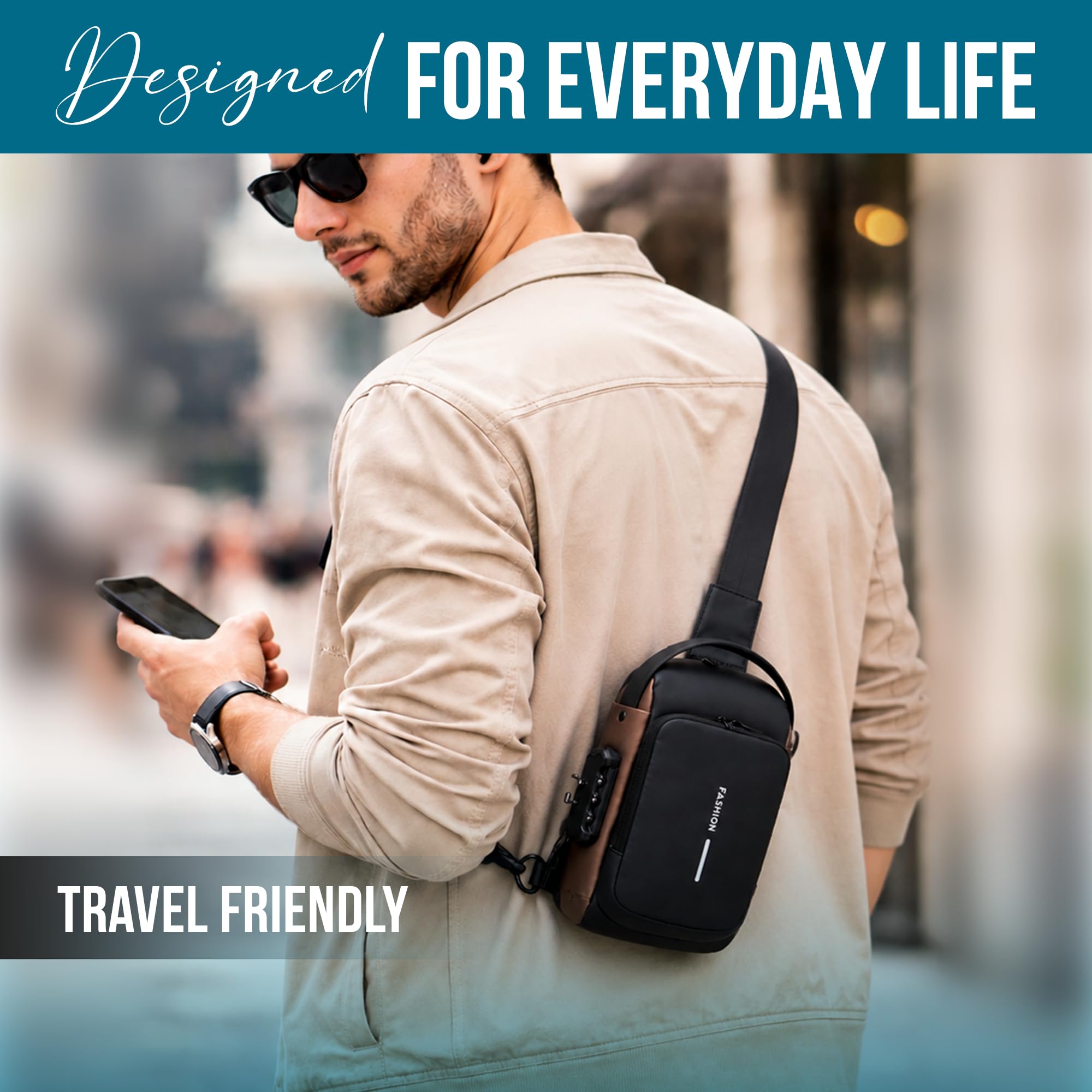 FLYNGO Sling Bag for Men Stylish Crossbody Backpack for Men & Women, Anti-Theft Chest Bag with USB Charging Port, Messenger Bags, Casual Shoulder Bag