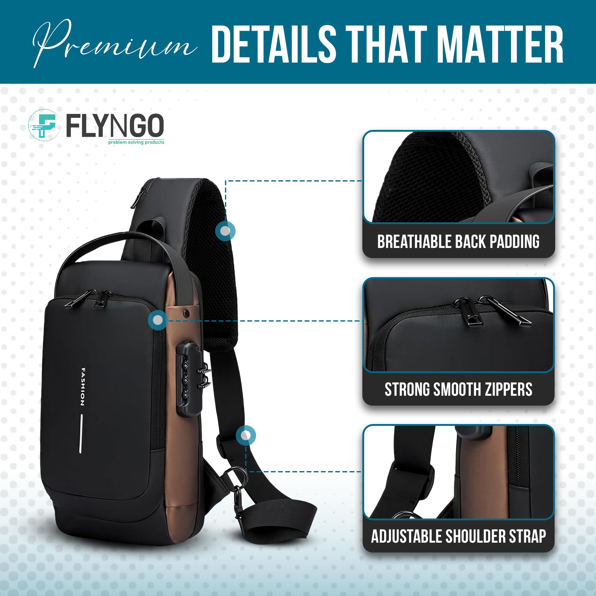 FLYNGO Sling Bag for Men Stylish Crossbody Backpack for Men & Women, Anti-Theft Chest Bag with USB Charging Port, Messenger Bags, Casual Shoulder Bag