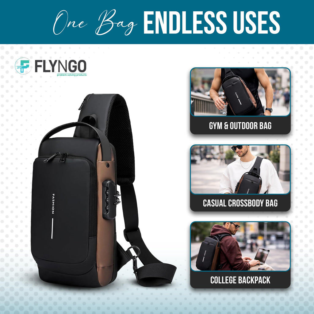FLYNGO Sling Bag for Men Stylish Crossbody Backpack for Men & Women, Anti-Theft Chest Bag with USB Charging Port, Messenger Bags, Casual Shoulder Bag