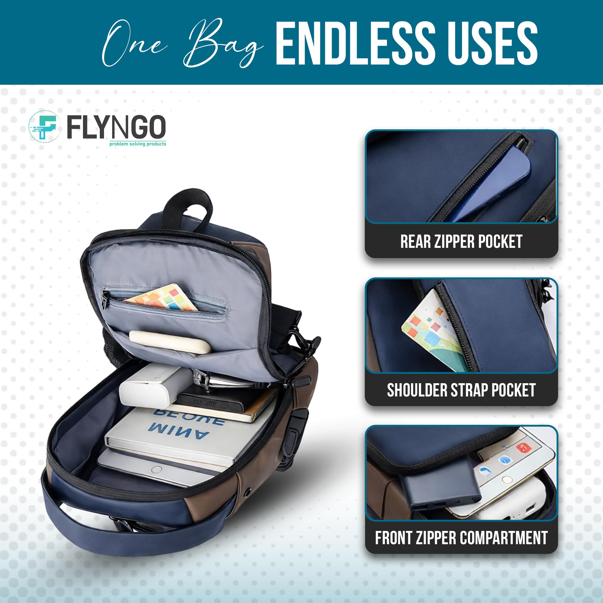FLYNGO Sling Bag for Men Stylish Crossbody Backpack for Men & Women, Anti-Theft Chest Bag with USB Charging Port, Messenger Bags, Casual Shoulder Bag
