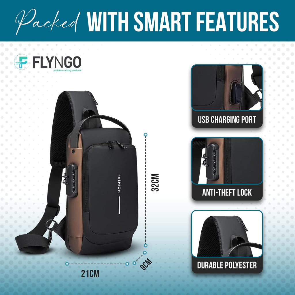FLYNGO Sling Bag for Men Stylish Crossbody Backpack for Men & Women, Anti-Theft Chest Bag with USB Charging Port, Messenger Bags, Casual Shoulder Bag
