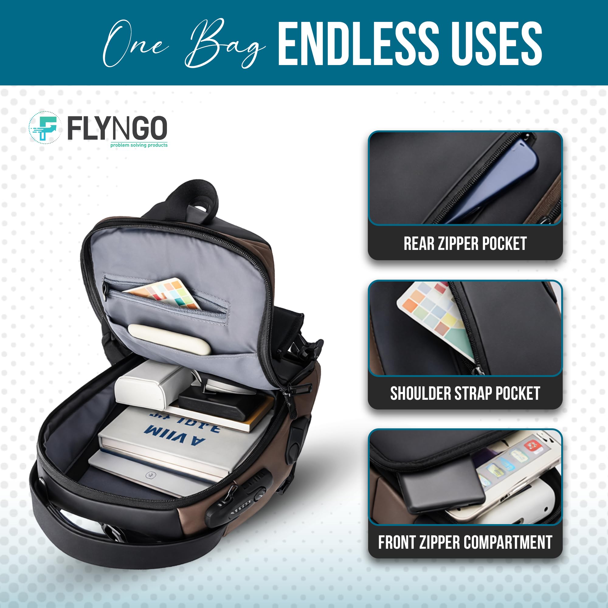 FLYNGO Sling Bag for Men Stylish Crossbody Backpack for Men & Women, Anti-Theft Chest Bag with USB Charging Port, Messenger Bags, Casual Shoulder Bag