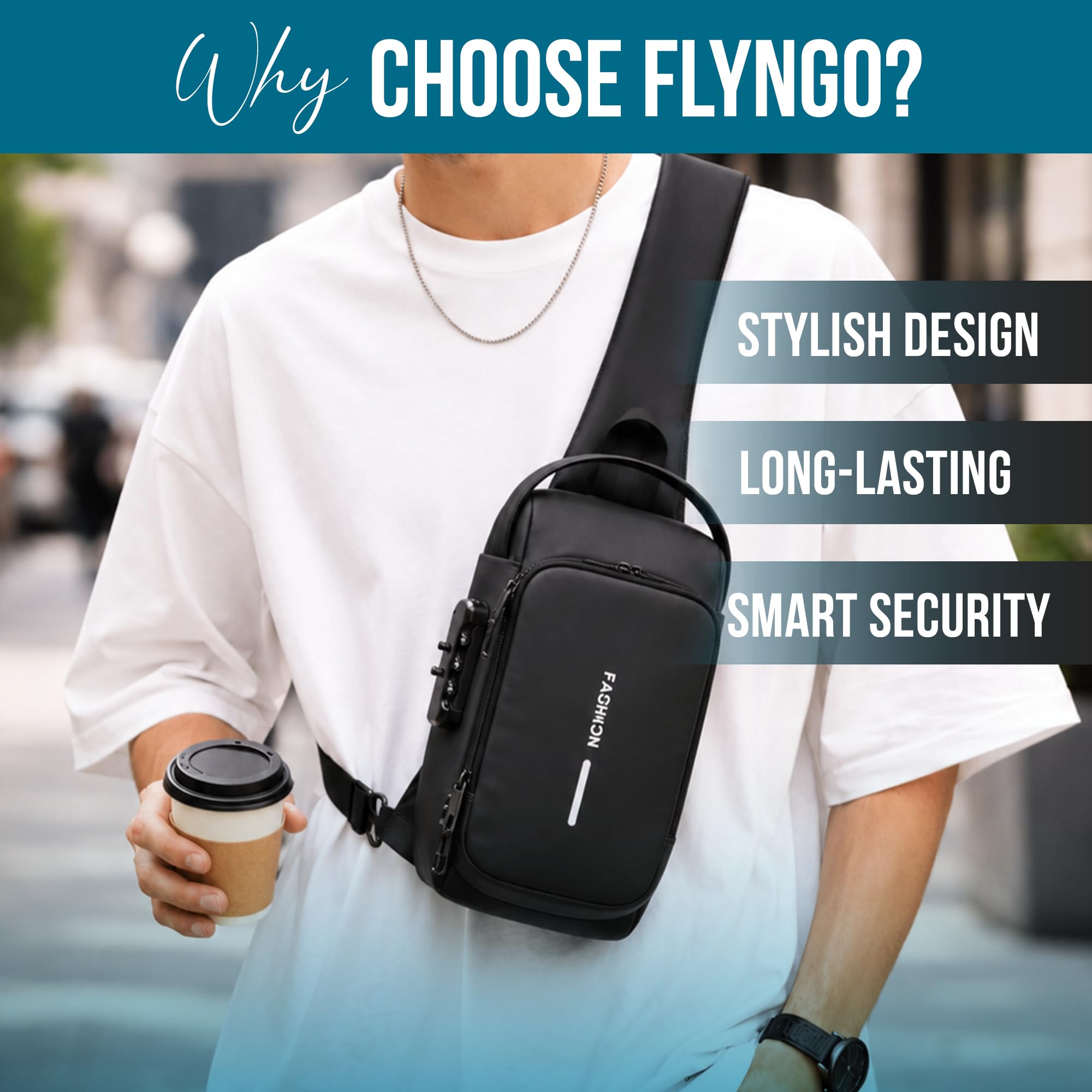FLYNGO Sling Bag for Men Stylish Crossbody Backpack for Men & Women, Anti-Theft Chest Bag with USB Charging Port, Messenger Bags, Casual Shoulder Bag