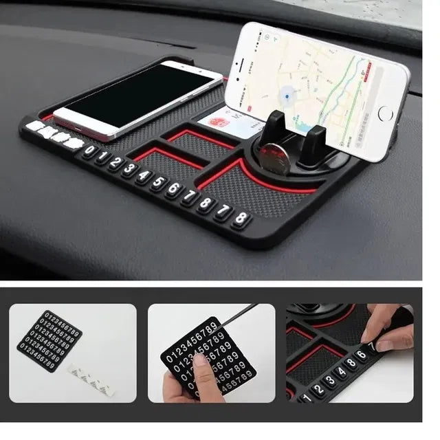 Car dashboard organizer with phone holder and number pad on a car console.